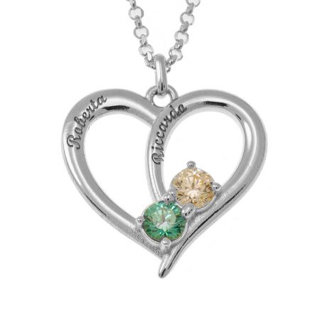 Couples Heart Necklace with 2 Names & Birthstones in 925 Sterling Silver