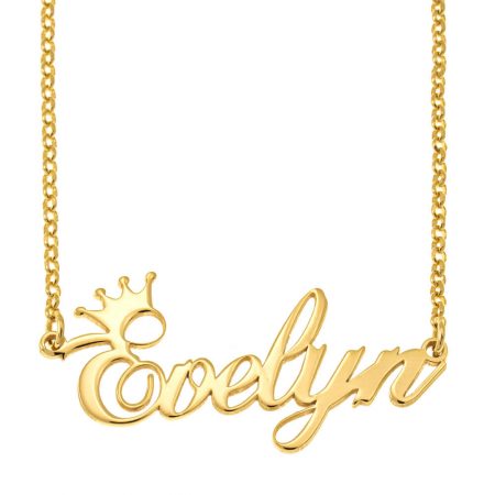 Cursive Name Necklace with Crown in 18K Gold Plating