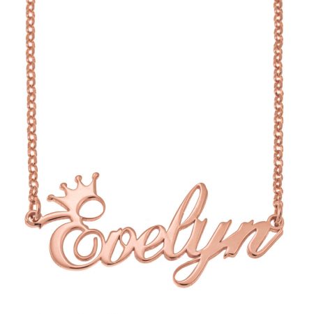 Cursive Name Necklace with Crown in 18K Rose Gold Plating
