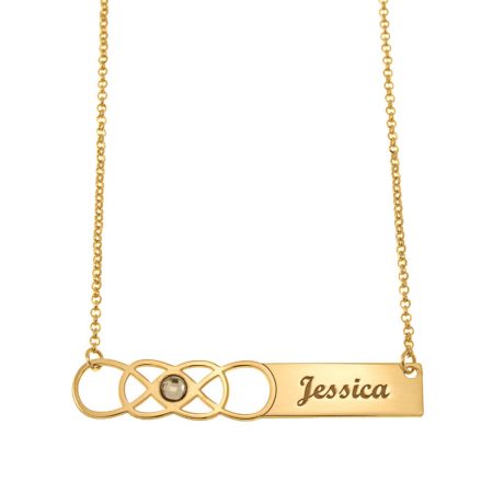 Double Infinity Bar Name Necklace with Birthstone in 18K Gold Plating