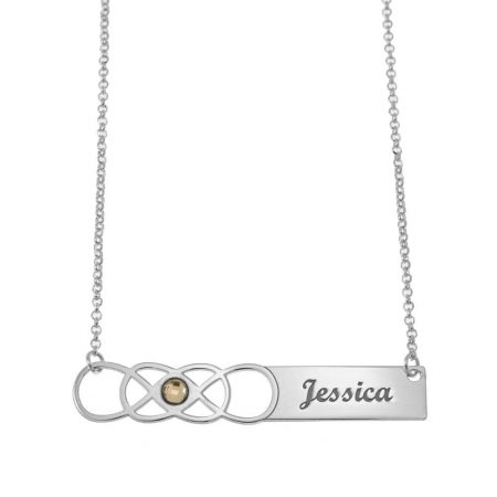 Double Infinity Bar Name Necklace with Birthstone in 925 Sterling Silver