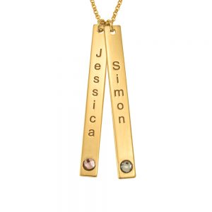 Double Vertical Bar with Name and Birthstone Necklace gold