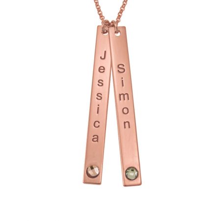 Double Vertical Bar Name Necklace with Birthstone in 18K Rose Gold Plating