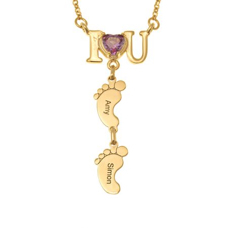 I Love You Heart Birthstone Necklace with Feet in 18K Gold Plating