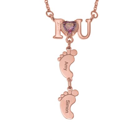 I Love You Heart Birthstone Necklace with Feet in 18K Rose Gold Plating