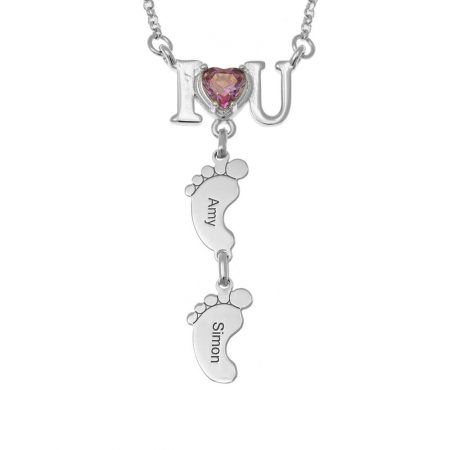 I Love You Heart Birthstone Necklace with Feet in 925 Sterling Silver