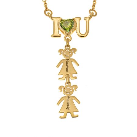 I♥U Birthstone Heart Necklace with Kids Charms in 18K Gold Plating