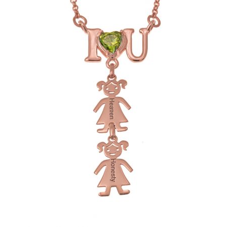 I♥U Birthstone Heart Necklace with Kids Charms in 18K Rose Gold Plating
