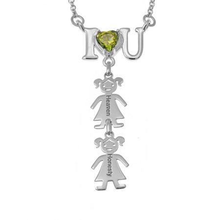 I♥U Birthstone Heart Necklace with Kids Charms in 925 Sterling Silver