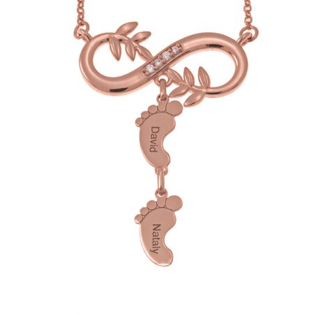 Infinity Tree Branch Necklace with CZ & Baby Feet in 18K Rose Gold Plating