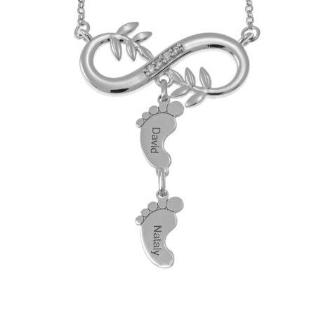 Infinity Tree Branch Necklace with CZ & Baby Feet in 925 Sterling Silver