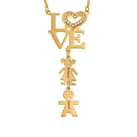 Heart LOVE Necklace with CZ & kids Charms in 18K Gold Plating