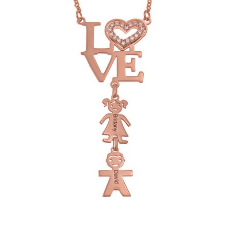 Heart LOVE Necklace with CZ & kids Charms in 18K Rose Gold Plating