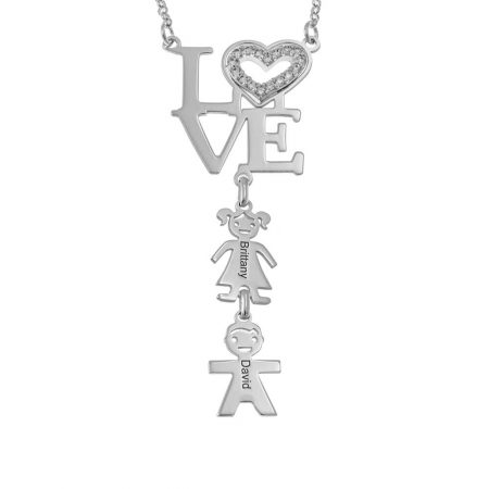 Heart LOVE Necklace with CZ & kids Charms in 925 Sterling Silver