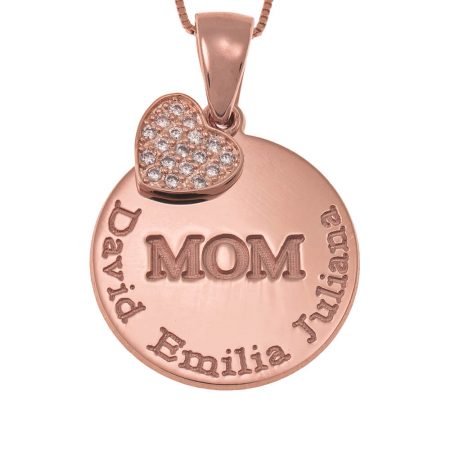 Engraved Mom Disc Necklace with Inlay Heart in 18K Rose Gold Plating