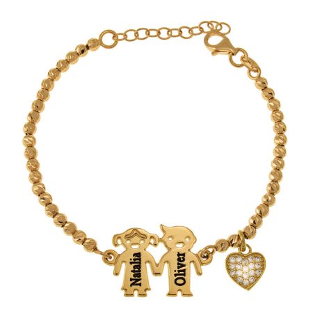 Engraved Children Bead Bracelet with Inlay Heart in 18K Gold Plating