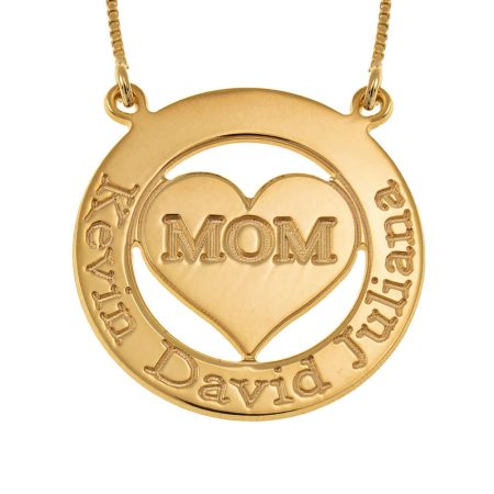 Engraved Circle Mom Necklace with Heart in 18K Gold Plating