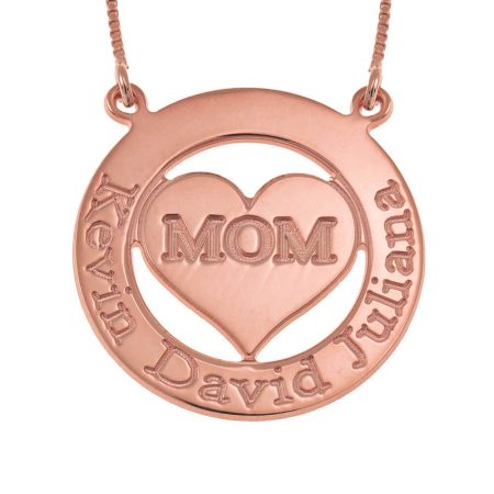 Engraved Circle Mom Necklace with Heart in 18K Rose Gold Plating