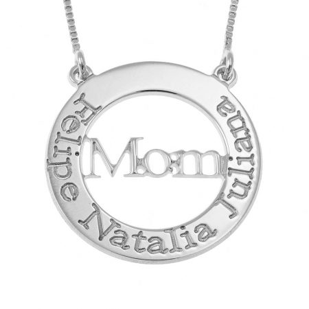 Engraved Mom Hollow Circle Necklace in 925 Sterling Silver