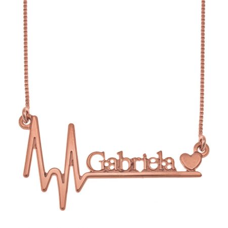 Engraved Heartbeat Name Necklace with Heart in 18K Rose Gold Plating