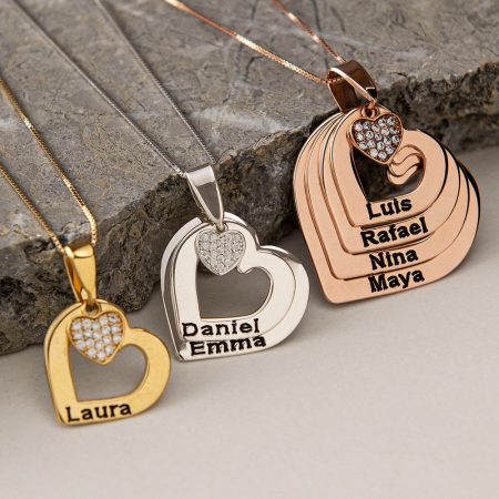 Engraved Hearts Names Necklace With Inlay Heart-3