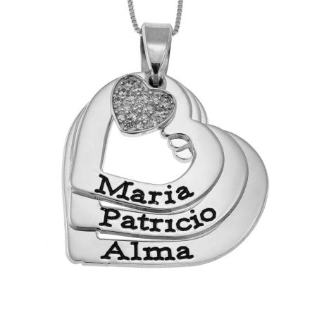 Engraved Hearts Names Necklace With Inlay Heart in 925 Sterling Silver