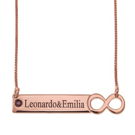 Infinity Bar Necklace with Engraving and Birthstone in 18K Rose Gold Plating