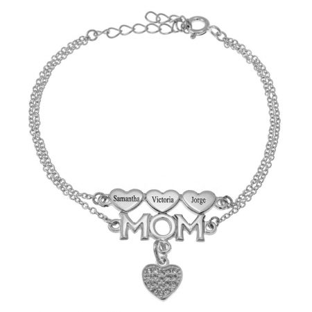 Mom Double Chain Bracelet with Hearts and Inlay Heart in 925 Sterling Silver