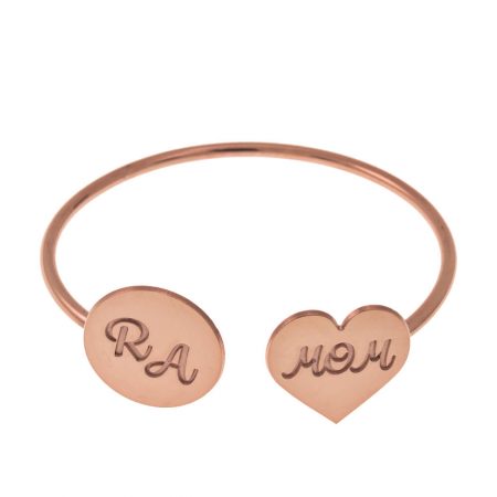 Open Bangle with Mom Heart and Disc in 18K Rose Gold Plating
