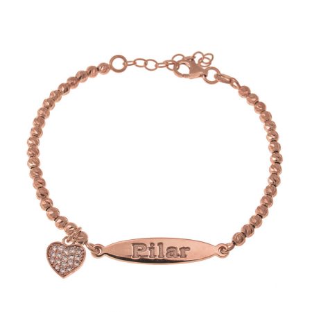 Oval Name Bead Bracelet with Inlay Heart Pendant in 18K Rose Gold Plating
