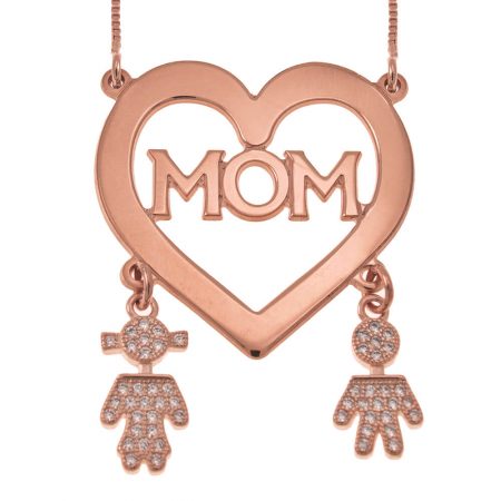 Mom Heart Necklace With Inlay Kids in 18K Rose Gold Plating