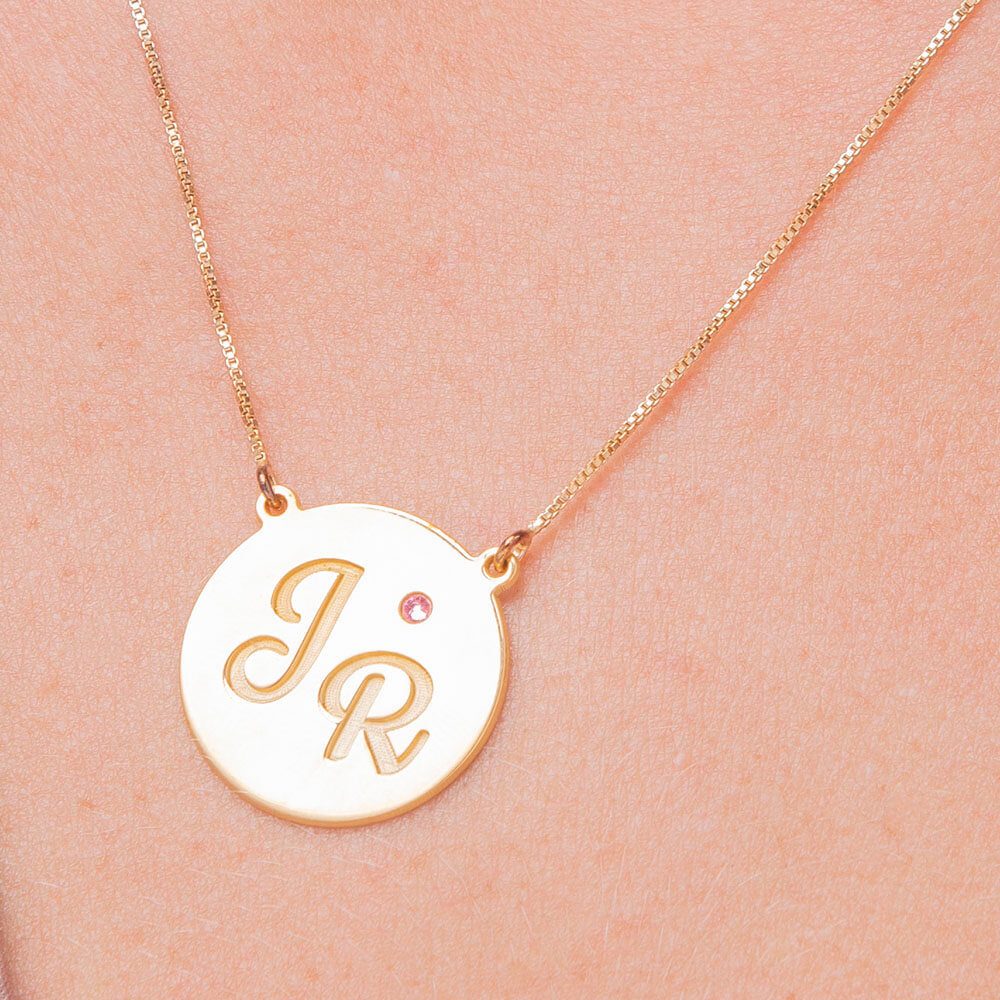 Engraved Disc Initials Necklace With Birthstone-2