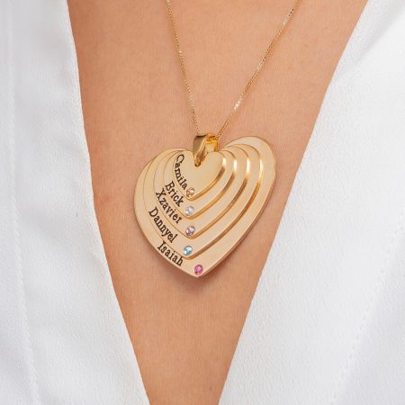 Five Layers Engraved Hearts Mother Necklace With Birthstones-2