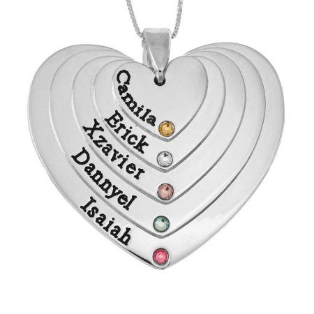 Five Layers Engraved Hearts Mother Necklace With Birthstones in 925 Sterling Silver