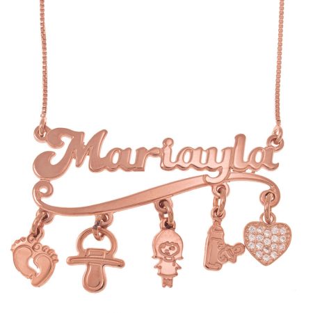 Name Necklace with Charms in 18K Rose Gold Plating