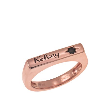 Stackable Bar Name Ring With Black Stone in 18K Rose Gold Plating
