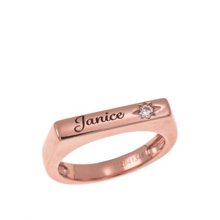 Stackable Bar Name Ring With White Stone in 18K Rose Gold Plating