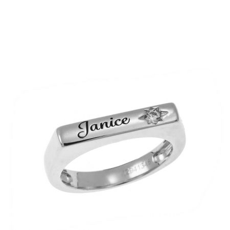 Stackable Bar Name Ring With White Stone in 925 Sterling Silver