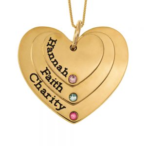 Three Shades Engraved Hearts Mother Necklace With Birthstones gold