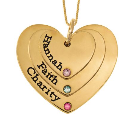 Heart Necklace with Birthstones and Names in 18K Gold Plating