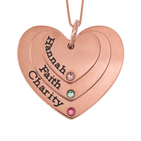 Heart Necklace with Birthstones and Names in 18K Rose Gold Plating