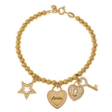 Bead Name Bracelet with Charms in 18K Gold Plating