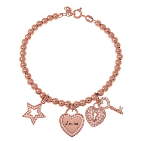 Bead Name Bracelet with Charms in 18K Rose Gold Plating