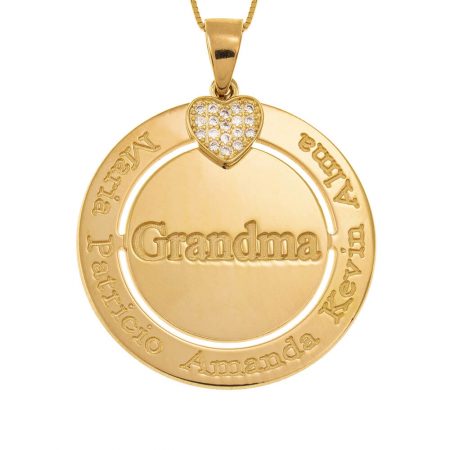 Engraved Circle Grandma Necklace with Heart in 18K Gold Plating