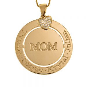 Engraved Circle Mom Necklace with Inlay Heart gold