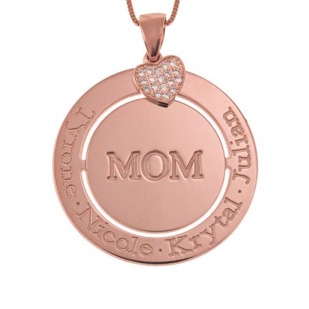 Engraved Circle Mom Necklace with Inlay Heart in 18K Rose Gold Plating
