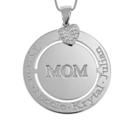 Engraved Circle Mom Necklace with Inlay Heart in 925 Sterling Silver