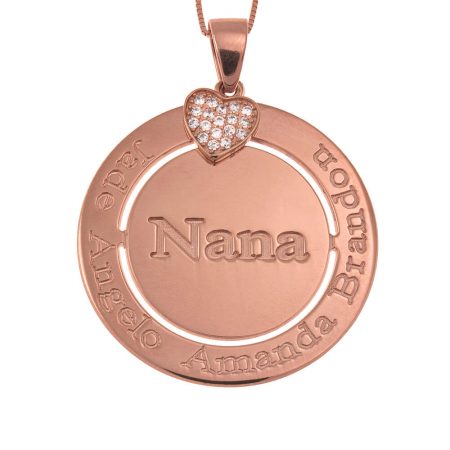 Engraved Circle Nana Necklace with Inlay Heart in 18K Rose Gold Plating