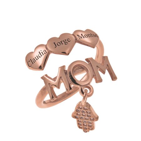MOM Names Ring With Hearts in 18K Rose Gold Plating