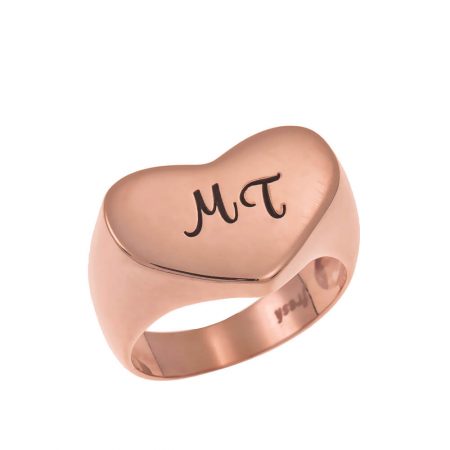 Two Initials Heart Signet Ring in 18K Rose Gold Plating